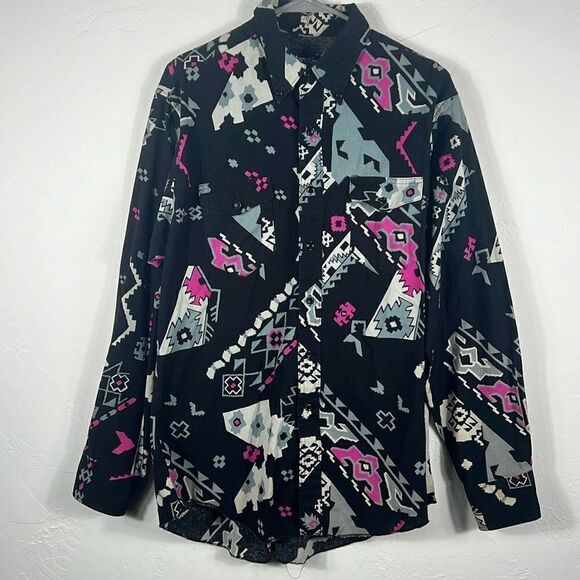 🔥🔥 Vintage WRANGLER BrushPopper Aztec Print Western Cowboy Cut Button Shirt - Picture 1 of 9